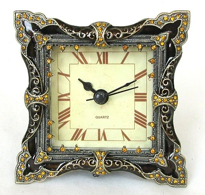 NEW BROWN+GOLD BRASS+ORANGE CRYSTAL VINTAGE FLORAL ROMAN NUMERAL CLOCK+BOX 1815 - Image 1 of 4