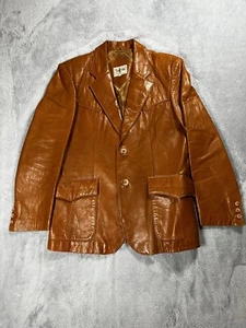 VTG Mens 40 100% Leather Coat Brown 2 Button Jacket Made in Hong Kong Disco Mob - Picture 1 of 11