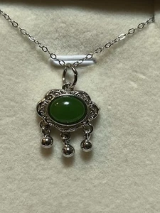 Silver Plated Green Jade Ruyi Fortune Cloud Pendant 925 Sterling Silver Necklace - Picture 1 of 8