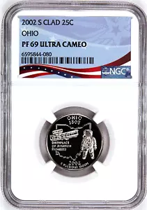 2002-S Proof State Quarter, Ohio, PF69 Ultra Cameo NGC, Patriotic Label - Picture 1 of 4