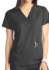 Beyond Scrubs Scrub Top Womens Size 4X Black Happiness 2 Pocket V Neck Sunny - Picture 1 of 7