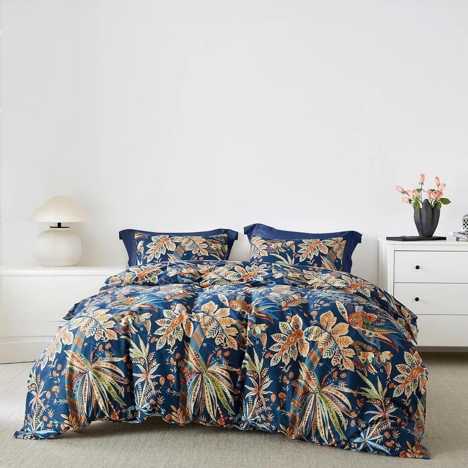 NOVO Conjunto de Edredom Falsa Anthropologie Azul Floral Algodão Egípcio Boho King - Imagem 1 de 4