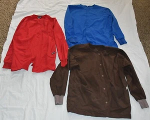 3 small - Medium SCRUB JACKETS Red, Brown & blue  NURSE HEALTH CARE EUC - Picture 1 of 7