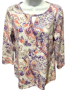 Chicos Womens Top 0 Small 3/4 Sleeve Keyhole Neck Stretch Floral Artsy Boho - Picture 1 of 7