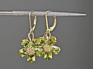Vintage Peridot Leverback Flower Earrings 14k Gold - Picture 1 of 10