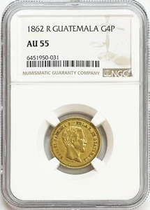 MONETA STEMMA 1862 R ORO GUATEMALA 4 PESOS NGC AU 55 RAFAEL CARRERA - Foto 1 di 2