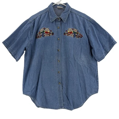 Bobbie Brooks Shirt Womens L Blue Denim Button Up Embroidered Teddy Bears XMAS - Image 1 of 4