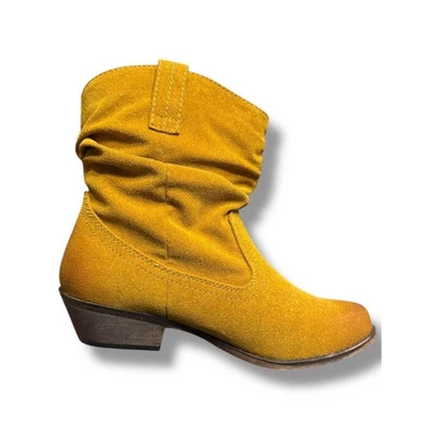 Qupid Suede Ankle Boots Western Slouch Heeled Booties Yellow Size 6.5 distressed - Image 1 of 4