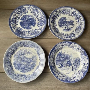 (4) Ironstone Tableware Plates Blue & White Made in Italy Victorian Scenes 8” - Picture 1 of 8