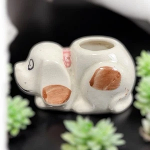 Ceramic Dog toothpick holder Brown Spotted Puppy with Pink Collar Vintage 1.5" - Imagen 1 de 13