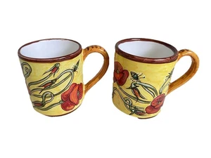 EUC 2 DERUTA Italy Hand Painted Mugs Set Yellow Red Flower Pottery Cups Signed - Picture 1 of 8