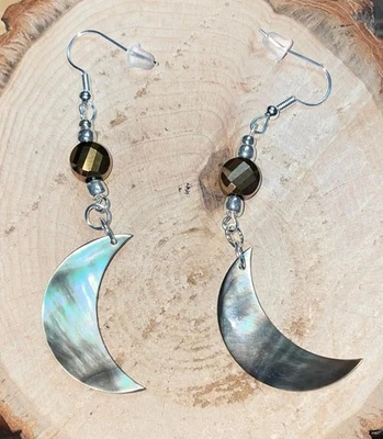 NEW Natural Black Lip Shell Crescent Moon Earrings w/ Brown Faceted Beads - Image 1 of 3