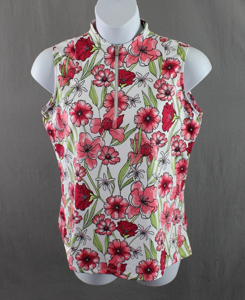 Camisa feminina cauda vermelha verde branca estampa floral 1/4 zíper sem mangas GG - Imagem 1 de 4