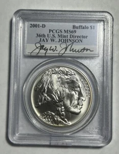 2001 DENVER ISSUE BUFFALO SILVER DOLLAR MS-69 PCGS GRADED SIGNED JAY W. JOHNSON - Picture 1 of 14