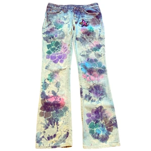 Size 30 Star Flower Power Miss Me Upcycled Tie-Dyed Patched Denim Jeans - Picture 1 of 4
