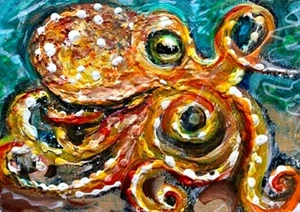 ORIGINAL ACEO Painting Orange OCTOPUS Sea Ocean Squid Fish Marine 8 Legs ATC ART - Picture 1 of 1