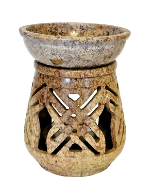Oil Diffuser Warmer Burner India Soapstone Hand-carved Braided Cross Design 5" - Image 1 of 4
