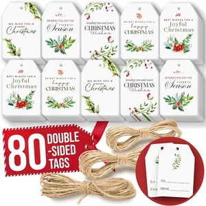 CHRISTMAS GIFT TAGS WITH STRING - 80 PCS BULK CHRISTMAS TAGS FOR GIFTS, TAG SET - Picture 1 of 7