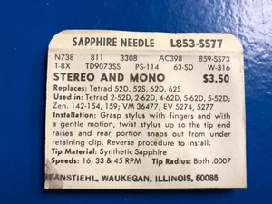 Vintage NOS Pfanstiehl Turntable Record Player Needle # L853-SS77 - Picture 1 of 3
