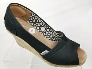 Toms Womens Espadrilles Peep Toe Wedge Sandals Black Canvas Heels Size 7.5 - Picture 1 of 10