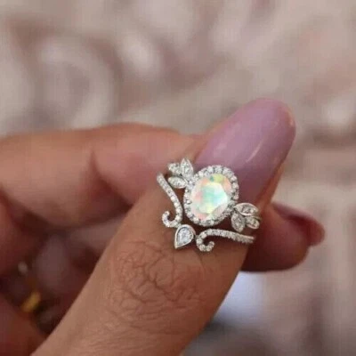 2Ct Oval Cut Simulated Fire Opal Pretty Bridal Set Ring In 14K White Gold Plated - Image 1 of 4