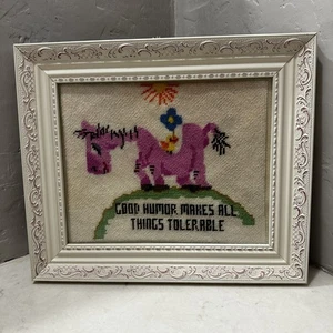 Vintage Framed Cross Stitch Funny Donkey Saying 8x10 In Wooden Frame - Picture 1 of 5