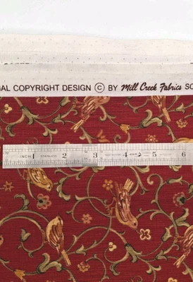 Mill Creek Cotton Upholstery Fabric 56" Maroon Floral w Birds Teflon By the Yard - Image 1 of 4