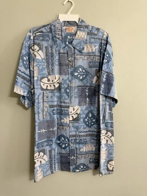 GO BAREFOOT Men’s Hawaiian 2XL Shirt Tropical Blue Gray Tribal Aloha NWOT - Image 1 of 4