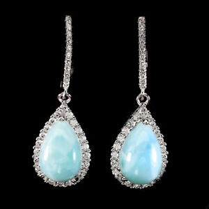 Unheated Pear Blue Larimar 12x8mm Simulated Cz 925 Sterling Silver Earrings