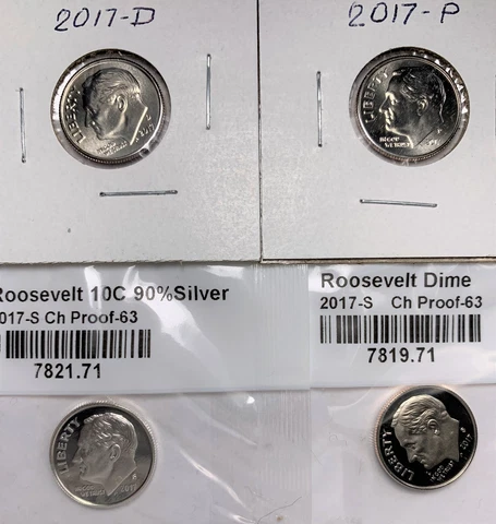 2017 Roosevelt Dime. Set 4 Coins. Mint P & D Unc. Mint S proof & silver proof Cover