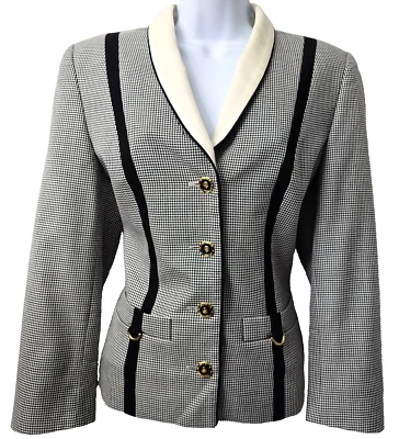 Escada Wool Gingham Blazer Jacket 36 S Gold Tone Buttons Black Ivory Career Work - Image 1 of 4