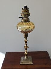 Antique Oil Lamp Base Brass Amber Clear Glass Natural Stone