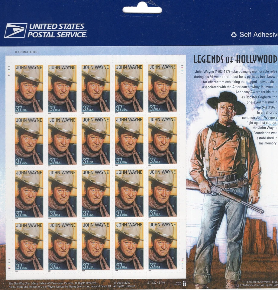 LEGENDS OF HOLLYWOOD "JOHN WAYNE"  U.S. STAMP SHEET - Image 1 of 1