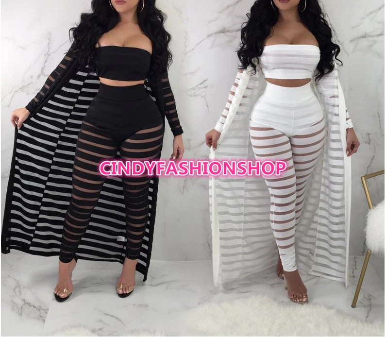 Conjunto de 3 piezas de chándales de malla con inserción para mujeres + pantalones largos sin tirantes + capa #J3A Foto 1 de 1