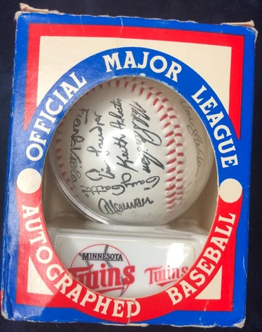 1987 Minnesota Twins Team Replica Autographed Baseball in Original Box w/Stand Cover