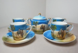 OLD JAPANESE PORCELAIN 4 TEA CUPS AND SAUCERS WITH CAMEL SAHARA DESERT SCENE - Picture 1 of 7