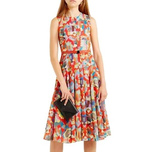 AKRIS Sleeveless Multicolor Geometric Zip-Front Belt Dress Tank Cotton Flare S-M - Picture 1 of 9