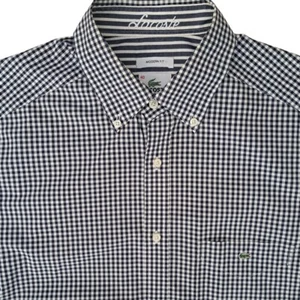 LACOSTE Shirt Mens 15.5 M Dark Blue Gingham Check MODERN FIT SHORT SLEEVE - Picture 1 of 13