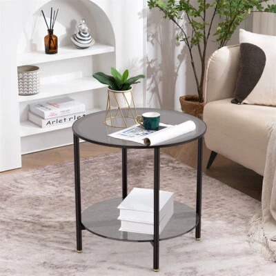 Modern Round Glass Top Coffee Table Side Table Open Storage Shelf fr Living Room - Image 1 of 4