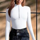 Women Fashion Sexy Solid Color Top Round Neck Zippered Long Sleeve Slim Jumpsuit