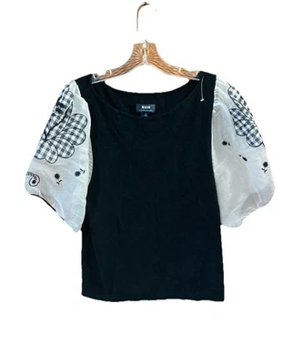 Camisa manga abullonada de seda Maeve by Anthropologie talla 1X negra blanca bordada Foto 1 de 4