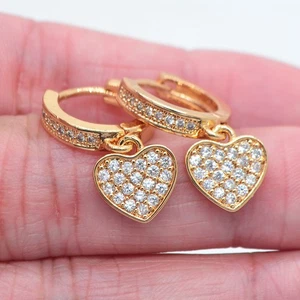 18K Yellow Gold Filled Women Fashion Love Heart Dangle Huggie Hoop Earrings - Picture 1 of 2