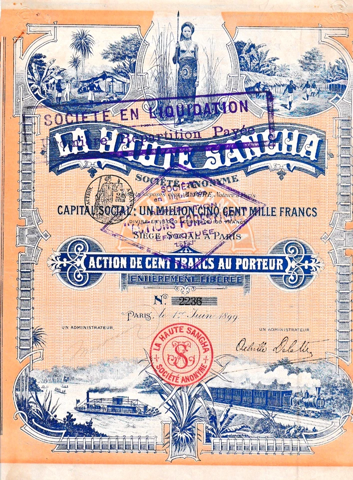 La Haute Sangha hist. Acciones coloniales París 1899 + cupones Francia barco tren Foto 1 de 1