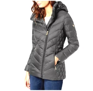 Michael Kors Down Fill Asymmetric Zip Hooded Puffer Packable Jacket Coat Gray S - Picture 1 of 17