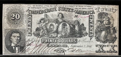 1861 CSA CONFEDERATE STATES AMERICA CURRENCY $20 DOLLAR NOTE T20 PF-1 Cr. 139 - Image 1 of 2
