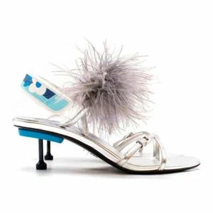 PRAD A EINZIGARTIGE STRAUSSENFEDER SILBER RIEMENLOGO SANDALEN EU 36 I LOVE SCHUHE - Bild 1 von 10