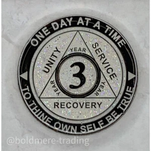 3 Year Alcoholics Anonymous Medallion White Silver Plated AA Sobriety Chip Coin - Picture 1 of 6