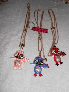 Set of 3 BETSEY JOHNSON CRYSTAL & ENAMEL PENGUIN PENDANT NECKLACES - Picture 1 of 2