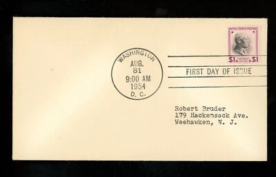 US FDC #832c None NIM 1954 DC 1 Dollar Woodrow Wilson Prexy Prexie Re-Issue HC - Image 1 of 2