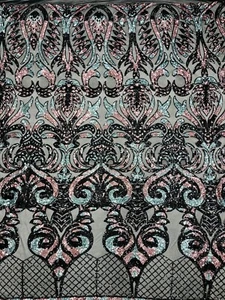 Damask Open Heart Design - Black/ Dusty Rose 4 Way Stretch Sequin Fabric by Yard - Picture 1 of 5